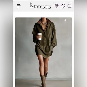 Modesees Olive Green Suede Button-Up Shirt Dress with Faux Leather Collar - NWT